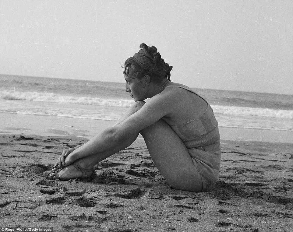 vintage beach woman thinking